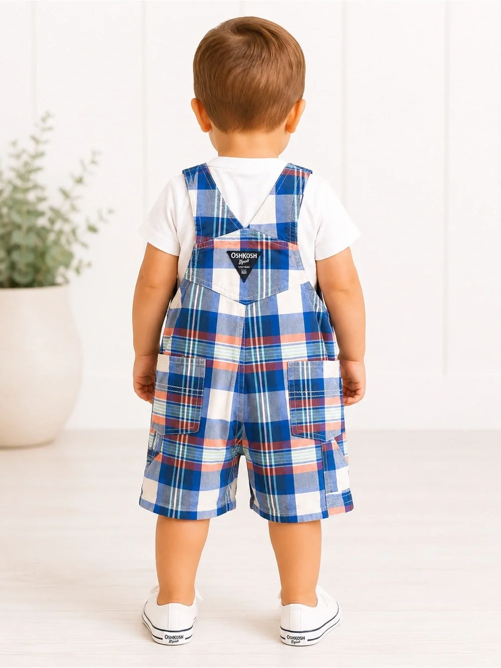 OshKosh B’gosh Plaid Shortalls 18M Baby Boy Blue Cotton Summer Overalls